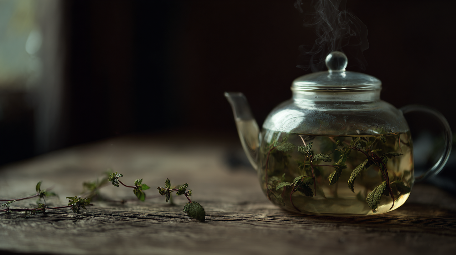 Tetera de vidrio con infusión de menta sobre mesa de madera